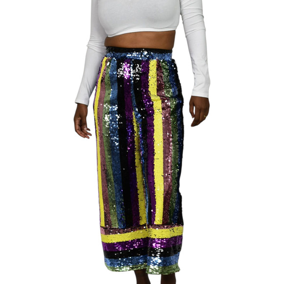 Fashion Nova Sequin Pant Rainbow Stripe Multicolor Cropped Wide Colorblock Small - Picture 14 of 16